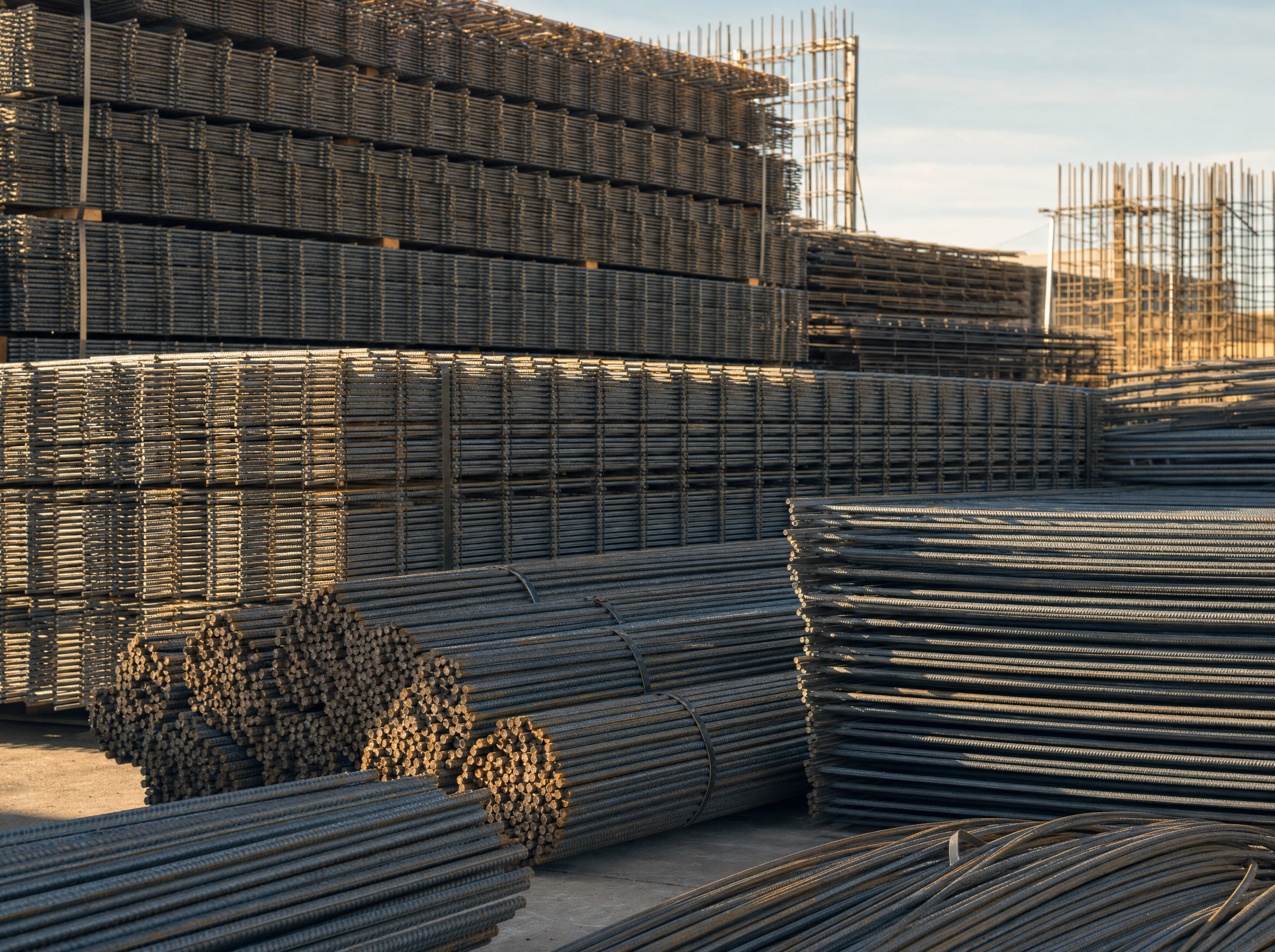 Stacks of steel reinforcement bar and mesh