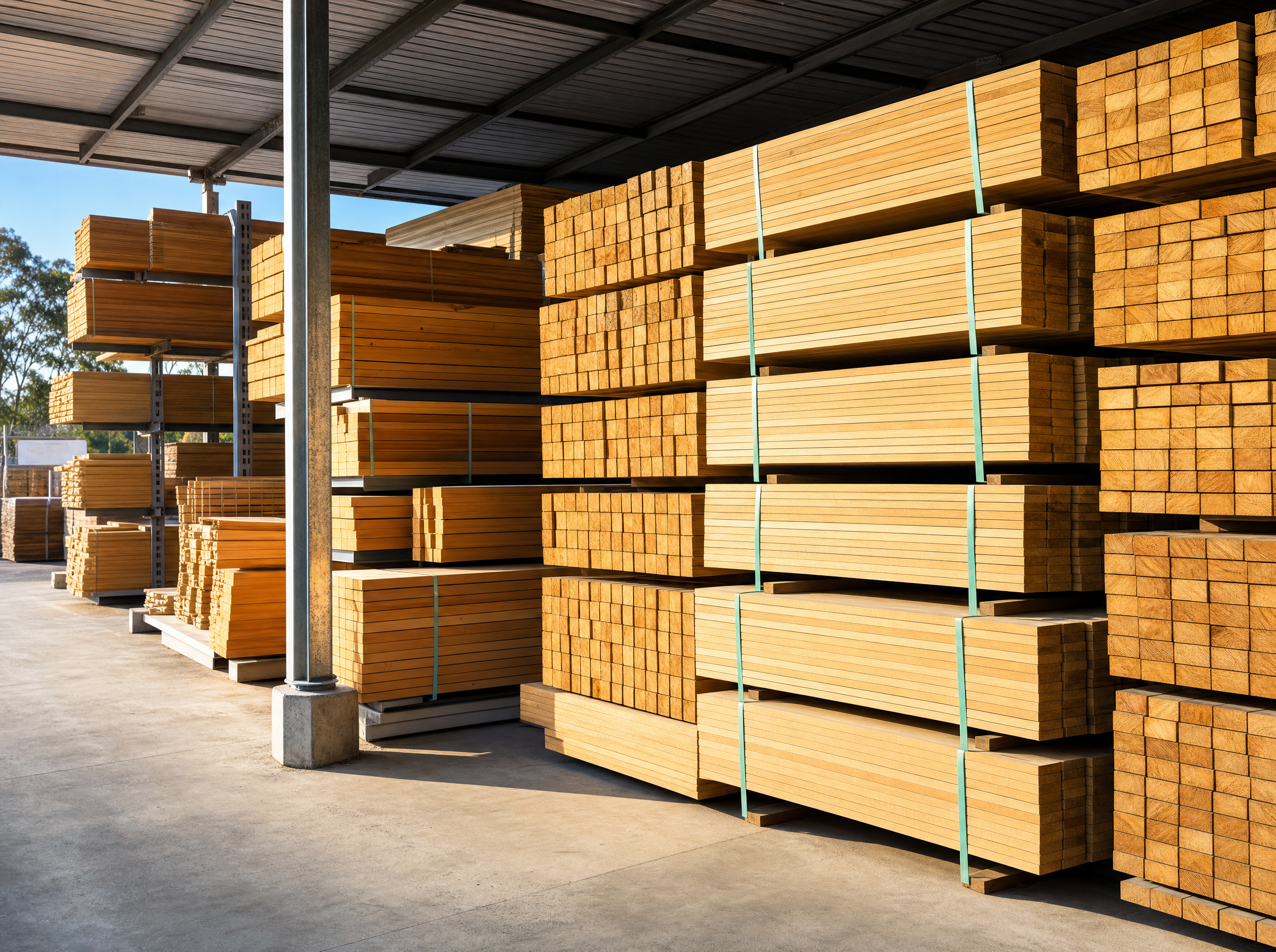 Neatly stacked structural and framing timber in a trade warehouse